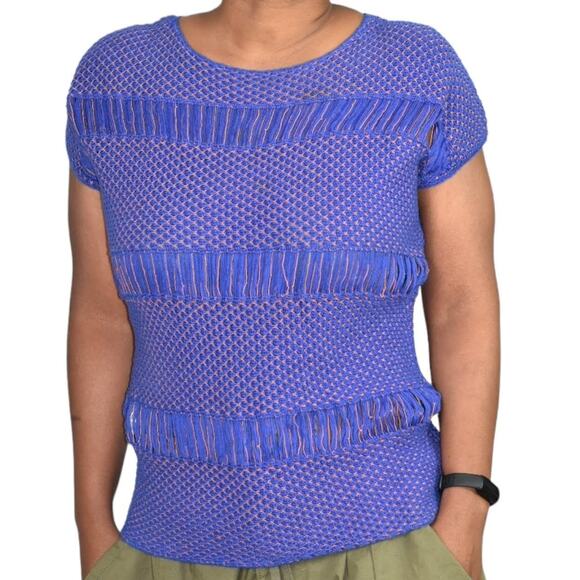 Comptoir Des Cotonniers Top Blue Knit Crochet Short Sleeve Woven Jumper Small - Picture 1 of 15